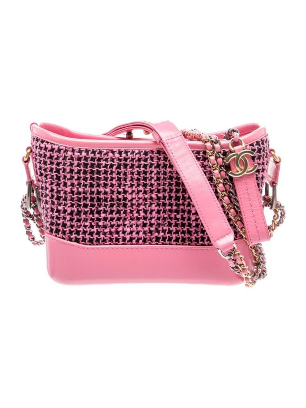 Chanel Small Gabrielle Pink Tweed Leather Trim Chain Tote Bag